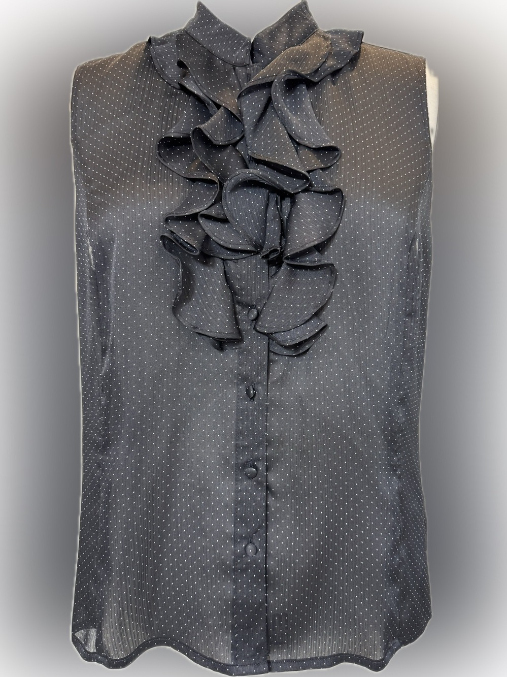 Tahari Black Polka Dot Ruffle Front Sleeveless Blouse